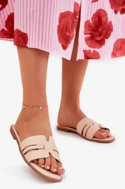 Damskie Boto Klapki Damskie Na Płaskim Obcasie Z Wycięciami Eko Skórzane Beżowe Ecapus