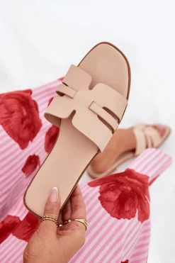 Damskie Boto Klapki Damskie Na Płaskim Obcasie Z Wycięciami Eko Skórzane Beżowe Ecapus