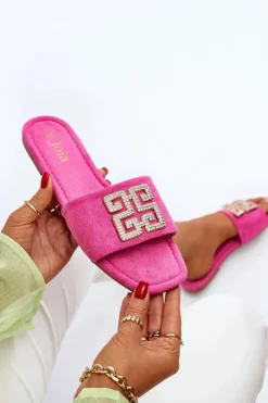 Boto Klapki Damskie Klasyczne*Klapki Damskie Na Płaskim Obcasie Z Ozdobą Fuksja Inaile