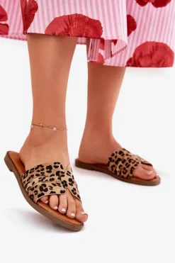 Damskie Boto Klapki Damskie Na Płaskim Obcasie Z Wycięciami Panterka Brązowe Teterre