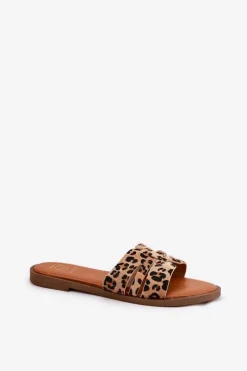 Damskie Boto Klapki Damskie Na Płaskim Obcasie Z Wycięciami Panterka Brązowe Teterre