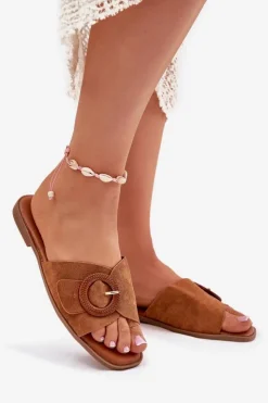 Outlet Boto Klapki Damskie Na Płaskim Obcasie Z Klamrą Camel Lanoni Brązowy