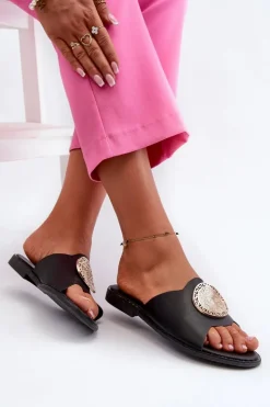 Damskie Evento Klapki Damskie Na Płaskim Obcasie Z Ozdobą Czarne Rivashea