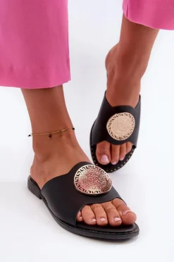 Damskie Evento Klapki Damskie Na Płaskim Obcasie Z Ozdobą Czarne Rivashea