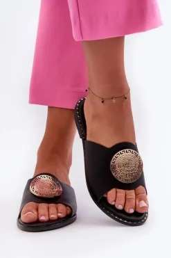 Damskie Evento Klapki Damskie Na Płaskim Obcasie Z Ozdobą Czarne Rivashea