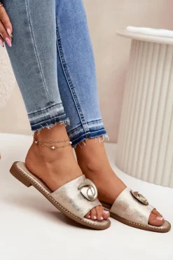 Damskie Damskie buty S.Barski Klapki Damskie Na Płaskim Obcasie Z Ozdobnym Detalem KV51-007 Złote