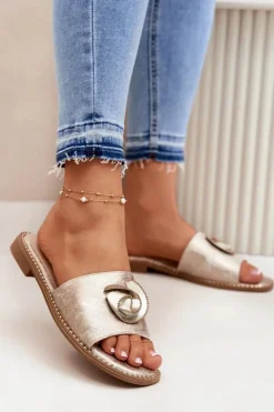 Damskie Damskie buty S.Barski Klapki Damskie Na Płaskim Obcasie Z Ozdobnym Detalem KV51-007 Złote