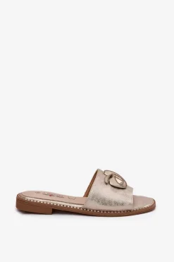 Damskie Damskie buty S.Barski Klapki Damskie Na Płaskim Obcasie Z Ozdobnym Detalem KV51-007 Złote