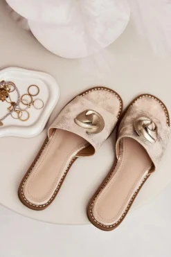 Damskie Damskie buty S.Barski Klapki Damskie Na Płaskim Obcasie Z Ozdobnym Detalem KV51-007 Złote