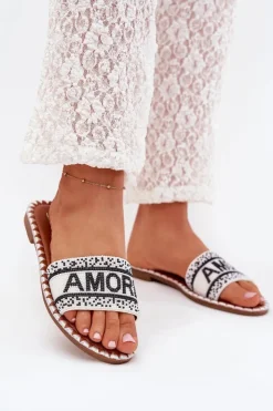 Boto Klapki Damskie Klasyczne*Klapki Damskie Na Płaskim Obcasie Ze Zdobieniem Amore Białe Avelina Biały