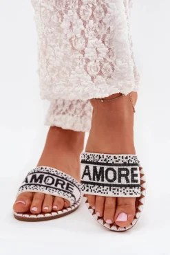 Boto Klapki Damskie Klasyczne*Klapki Damskie Na Płaskim Obcasie Ze Zdobieniem Amore Białe Avelina Biały