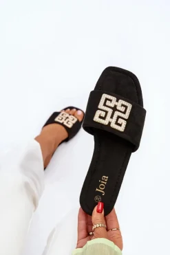 Damskie Boto Klapki Damskie Na Płaskim Obcasie Z Ozdobą Czarne Inaile