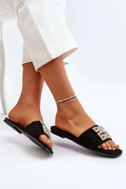 Damskie Boto Klapki Damskie Na Płaskim Obcasie Z Ozdobą Czarne Inaile