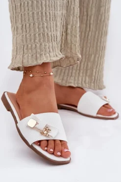 Damskie Boto Klapki Damskie Na Płaskim Obcasie Z Kokardą Białe Sallariela