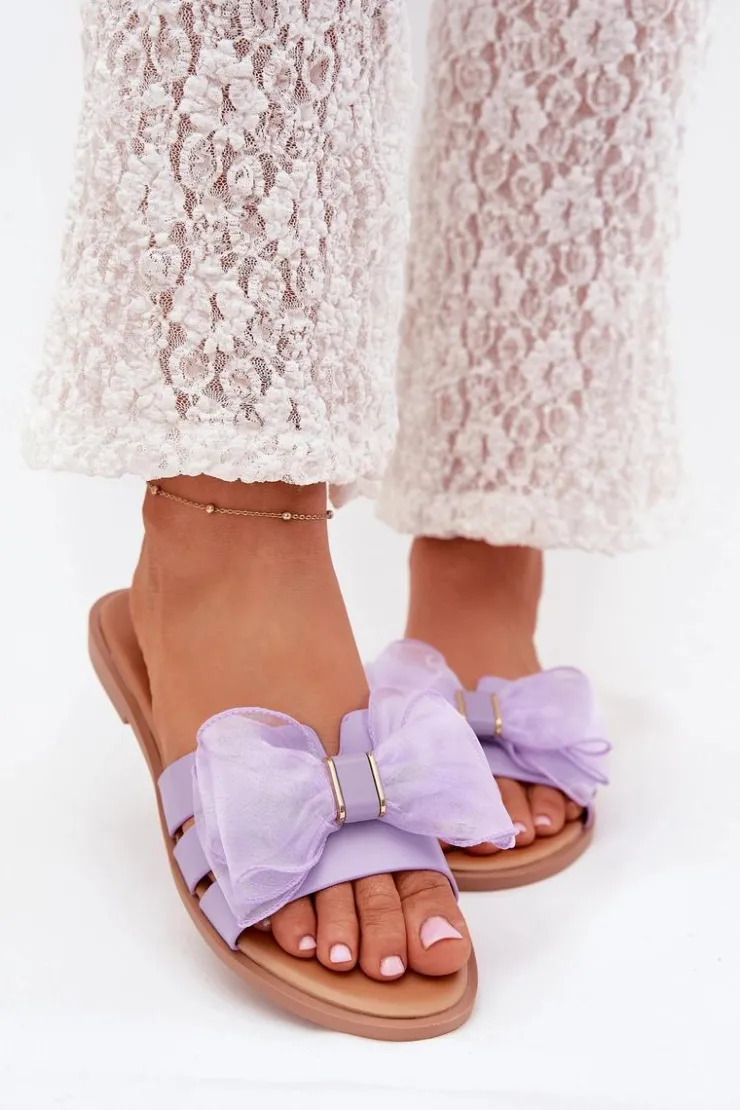 Outlet Boto Klapki Damskie Na Płaskim Obcasie Z Tiulową Kokardą Fioletowe Tanira Fioletowy