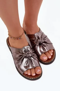 Clearance Boto Klapki Damskie Na Płaskim Obcasie Grafitowe Nelvira Srebrny