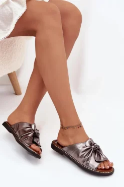 Clearance Boto Klapki Damskie Na Płaskim Obcasie Grafitowe Nelvira Srebrny