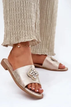 Damskie buty S.Barski Klapki Damskie Klasyczne*Klapki Damskie Na Płaskim Obcasie Z Ozdobnym Detalem S.Barski KV51-087 Złote