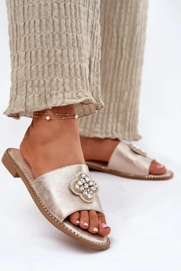 Damskie buty S.Barski Klapki Damskie Klasyczne*Klapki Damskie Na Płaskim Obcasie Z Ozdobnym Detalem S.Barski KV51-087 Złote