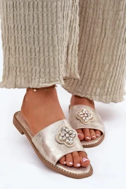 Damskie buty S.Barski Klapki Damskie Klasyczne*Klapki Damskie Na Płaskim Obcasie Z Ozdobnym Detalem S.Barski KV51-087 Złote