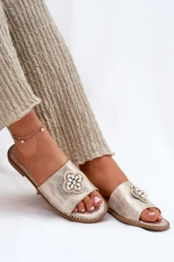 Damskie buty S.Barski Klapki Damskie Klasyczne*Klapki Damskie Na Płaskim Obcasie Z Ozdobnym Detalem S.Barski KV51-087 Złote