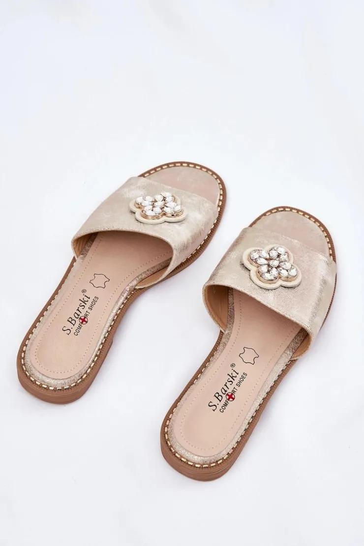 Damskie buty S.Barski Klapki Damskie Klasyczne*Klapki Damskie Na Płaskim Obcasie Z Ozdobnym Detalem S.Barski KV51-087 Złote