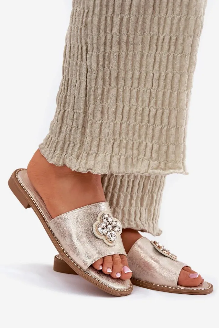 Damskie buty S.Barski Klapki Damskie Klasyczne*Klapki Damskie Na Płaskim Obcasie Z Ozdobnym Detalem S.Barski KV51-087 Złote