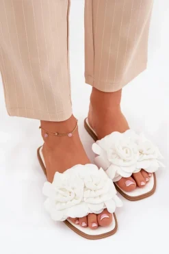 Damskie Boto Klapki Damskie Na Płaskim Obcasie Z Ozdobnymi Kwiatami Białe Misorsse