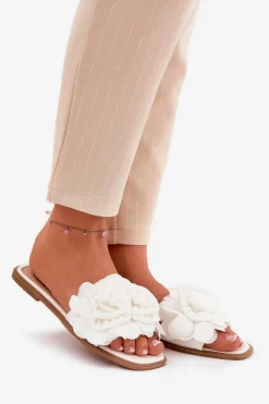 Damskie Boto Klapki Damskie Na Płaskim Obcasie Z Ozdobnymi Kwiatami Białe Misorsse