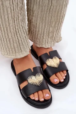 Evento Klapki Damskie Klasyczne*Klapki Damskie Na Płaskim Obcasie Ze Złotą Ozdobą Czarne Karinma Czarny