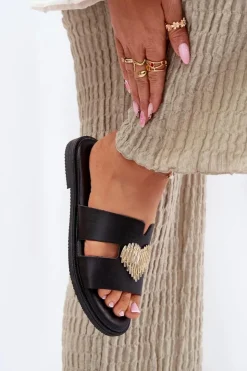 Evento Klapki Damskie Klasyczne*Klapki Damskie Na Płaskim Obcasie Ze Złotą Ozdobą Czarne Karinma Czarny