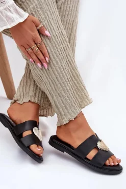 Evento Klapki Damskie Klasyczne*Klapki Damskie Na Płaskim Obcasie Ze Złotą Ozdobą Czarne Karinma Czarny