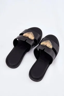 Evento Klapki Damskie Klasyczne*Klapki Damskie Na Płaskim Obcasie Ze Złotą Ozdobą Czarne Karinma Czarny