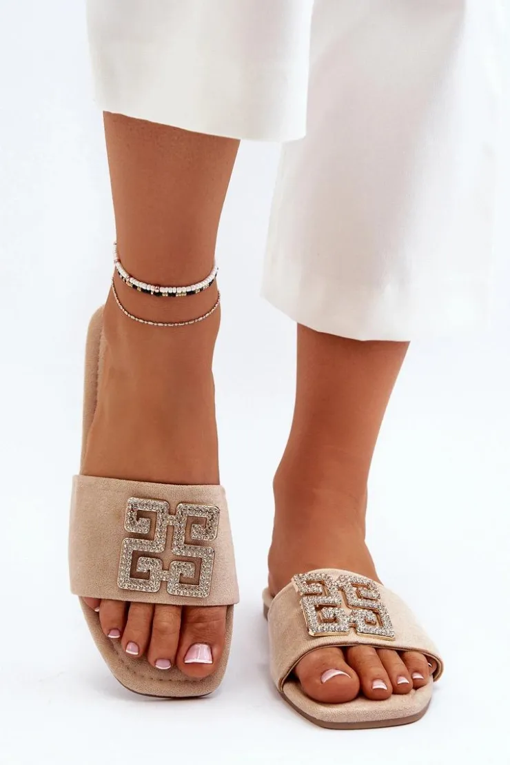 Damskie Boto Klapki Damskie Na Płaskim Obcasie Z Ozdobą Beżowe Inaile