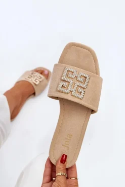 Damskie Boto Klapki Damskie Na Płaskim Obcasie Z Ozdobą Beżowe Inaile