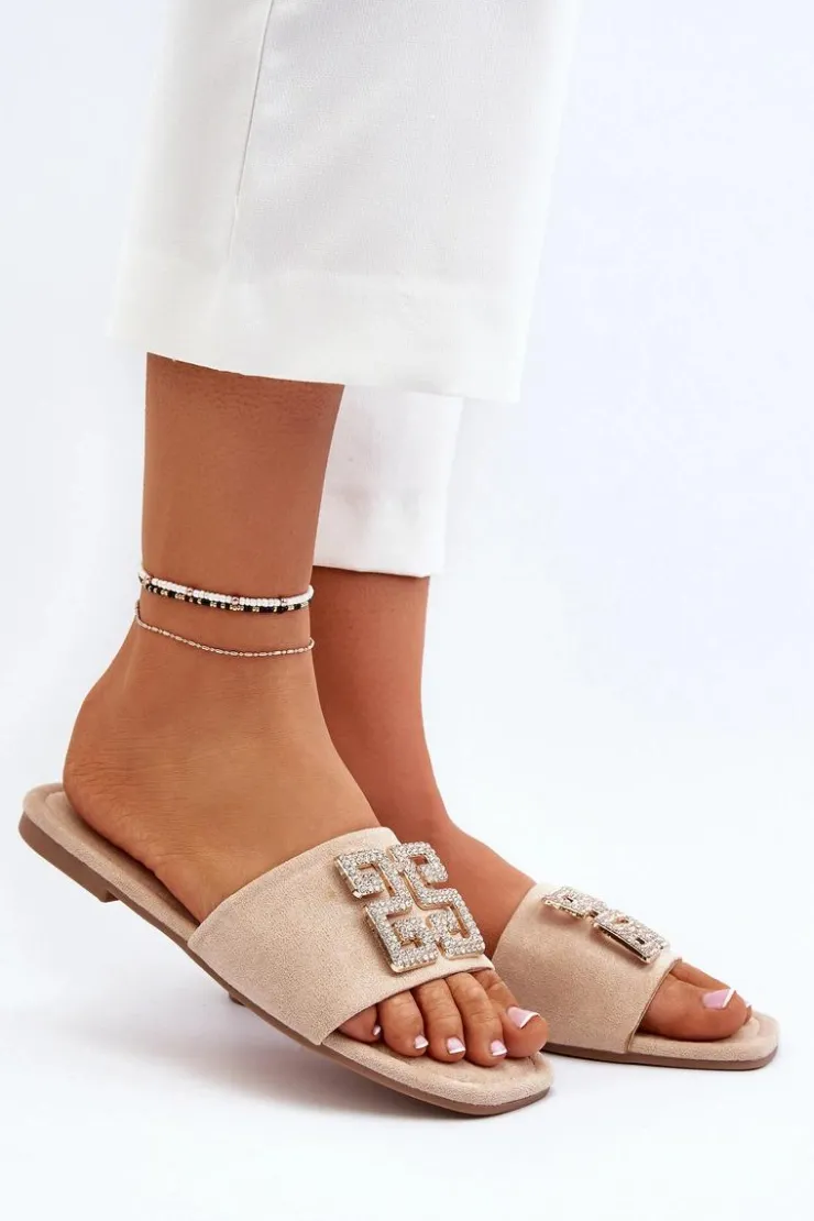 Damskie Boto Klapki Damskie Na Płaskim Obcasie Z Ozdobą Beżowe Inaile