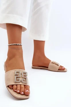 Damskie Boto Klapki Damskie Na Płaskim Obcasie Z Ozdobą Beżowe Inaile