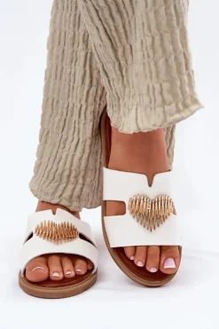 Damskie Evento Klapki Damskie Na Płaskim Obcasie Ze Złotą Ozdobą Białe Karinma