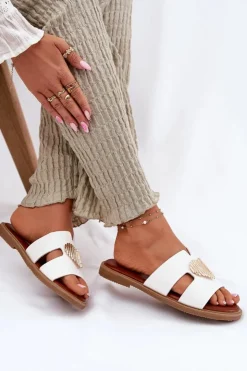 Damskie Evento Klapki Damskie Na Płaskim Obcasie Ze Złotą Ozdobą Białe Karinma