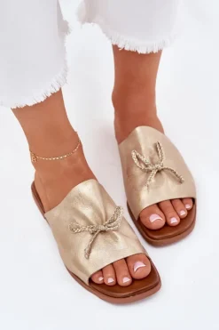 Evento Klapki Damskie Klasyczne*Klapki Damskie Na Płaskim Obcasie Z Ozdobnym Wiązaniem Złote Norela Złoty