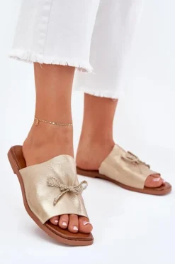 Evento Klapki Damskie Klasyczne*Klapki Damskie Na Płaskim Obcasie Z Ozdobnym Wiązaniem Złote Norela Złoty