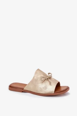 Evento Klapki Damskie Klasyczne*Klapki Damskie Na Płaskim Obcasie Z Ozdobnym Wiązaniem Złote Norela Złoty