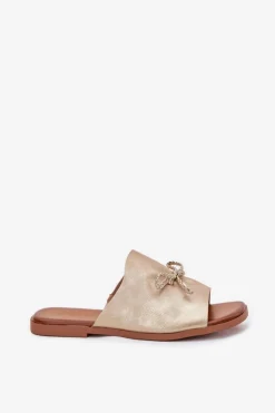 Evento Klapki Damskie Klasyczne*Klapki Damskie Na Płaskim Obcasie Z Ozdobnym Wiązaniem Złote Norela Złoty