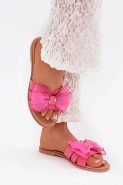 Boto Klapki Damskie Klasyczne*Klapki Damskie Na Płaskim Obcasie Z Tiulową Kokardą Fuksja Tanira