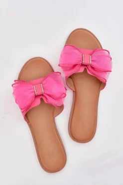 Boto Klapki Damskie Klasyczne*Klapki Damskie Na Płaskim Obcasie Z Tiulową Kokardą Fuksja Tanira