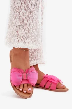 Boto Klapki Damskie Klasyczne*Klapki Damskie Na Płaskim Obcasie Z Tiulową Kokardą Fuksja Tanira