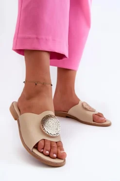 New Evento Klapki Damskie Na Płaskim Obcasie Z Ozdobą Beżowe Rivashea