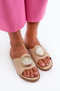 New Evento Klapki Damskie Na Płaskim Obcasie Z Ozdobą Beżowe Rivashea