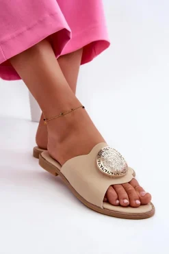 New Evento Klapki Damskie Na Płaskim Obcasie Z Ozdobą Beżowe Rivashea