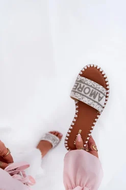 Damskie Boto Klapki Damskie Na Płaskim Obcasie Ze Zdobieniem Białe Dorfedi